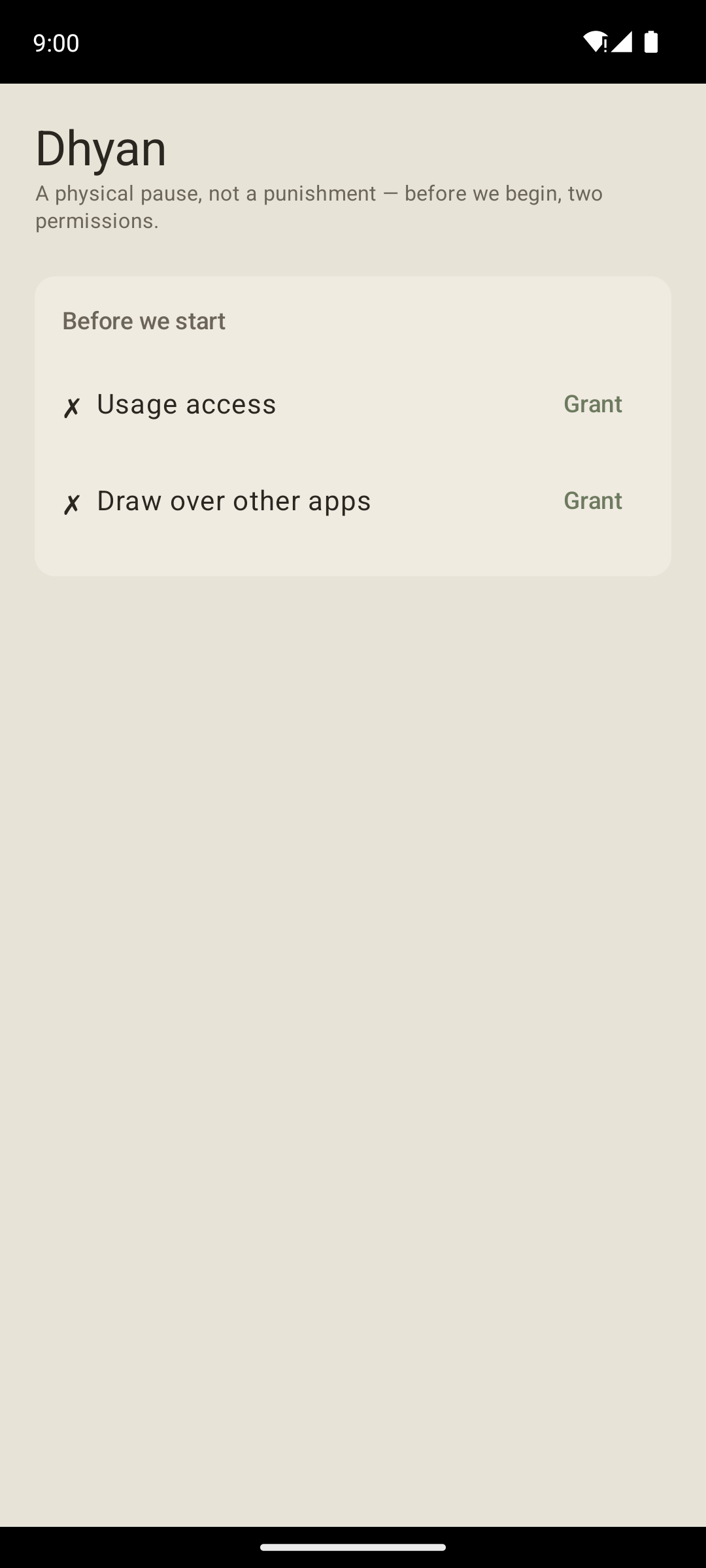 Permissions screen