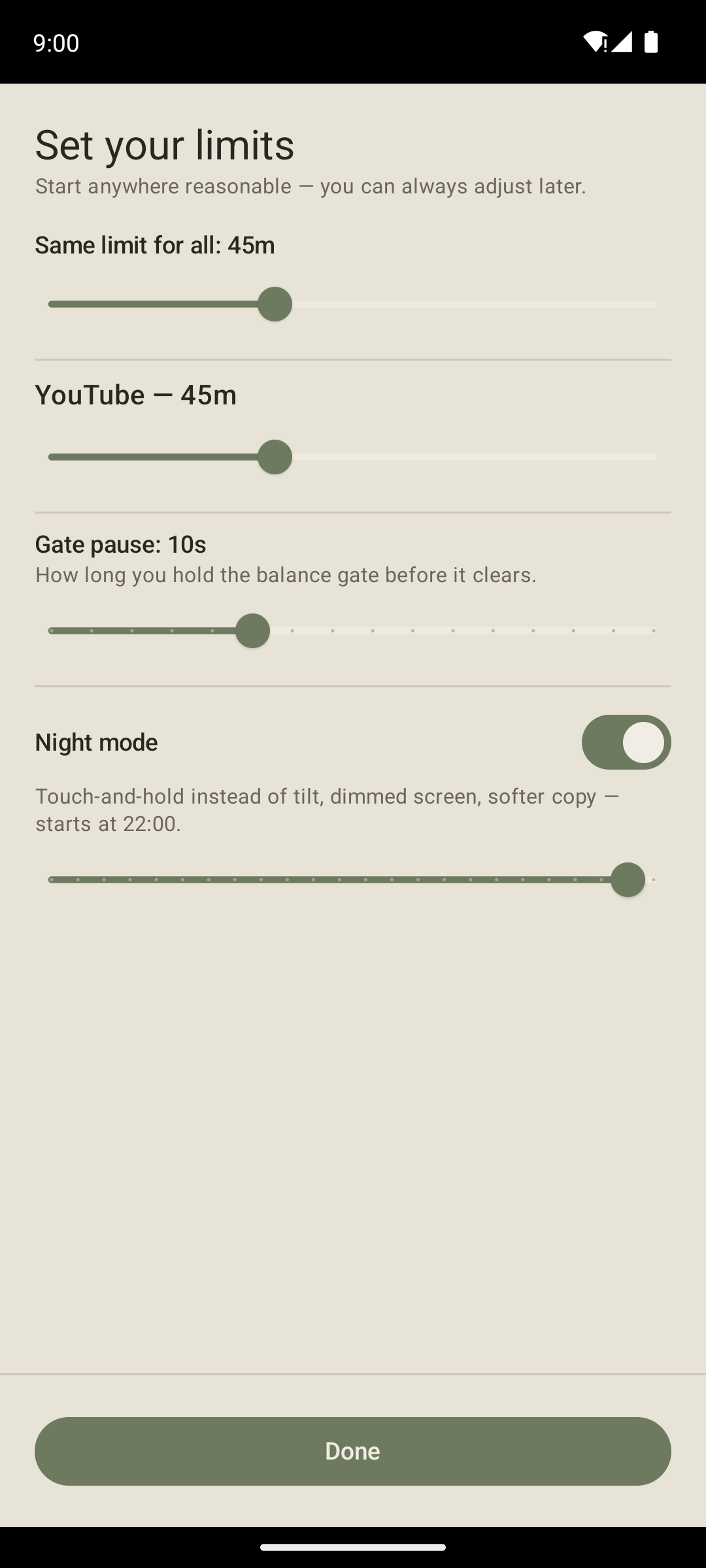 Set limits screen